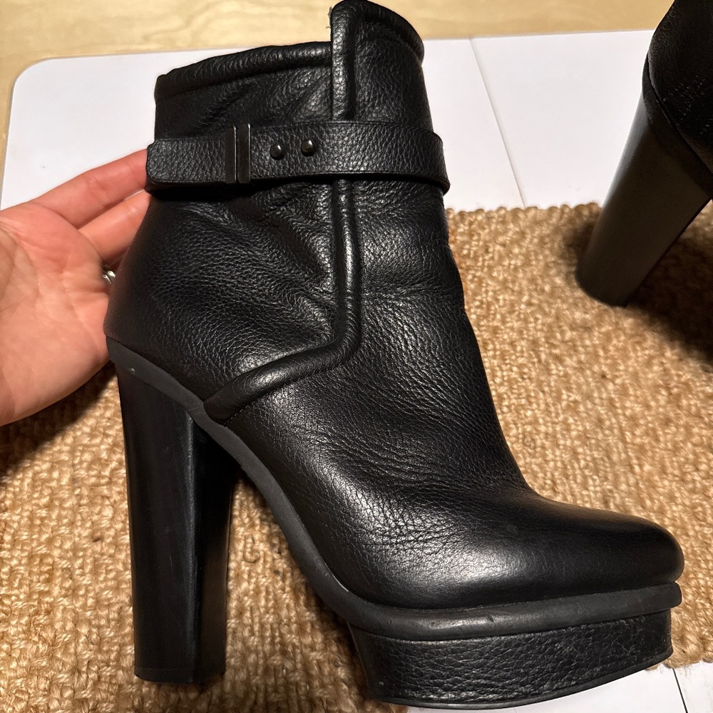 Black leather designer platform heeled boot
